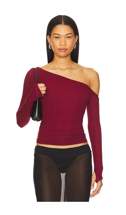 michael lauren magdaleno asymmetrical fitted cold shoulder long sleeve top in burgundy.