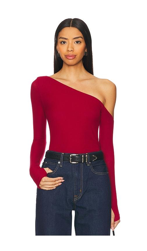 michael lauren magdaleno asymmetrical fitted cold shoulder long sleeve top in red.