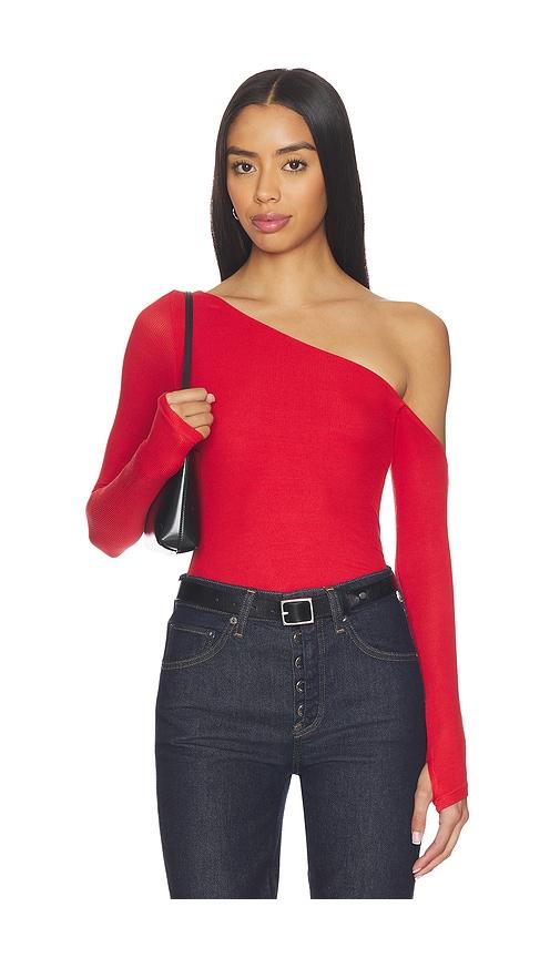 michael lauren magdaleno asymmetrical fitted cold shoulder top in red.
