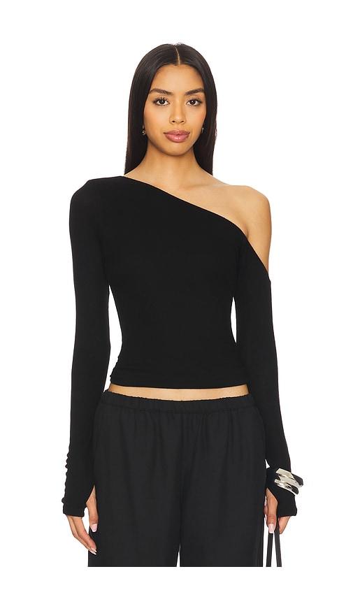 michael lauren magdaleno long sleeve asymmetrical fitted cold shoulder top in black.