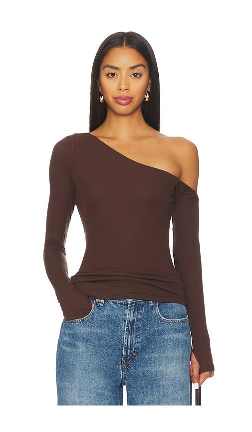 michael lauren magdaleno long sleeve fitted asymmetrical cold shoulder top in brown.