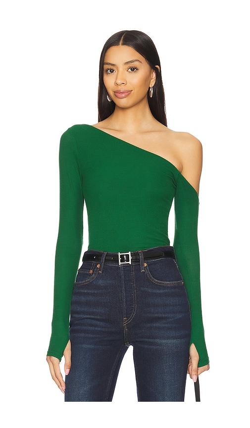 michael lauren magdalino asymmetrical fitted cold shoulder long sleeve top in green.