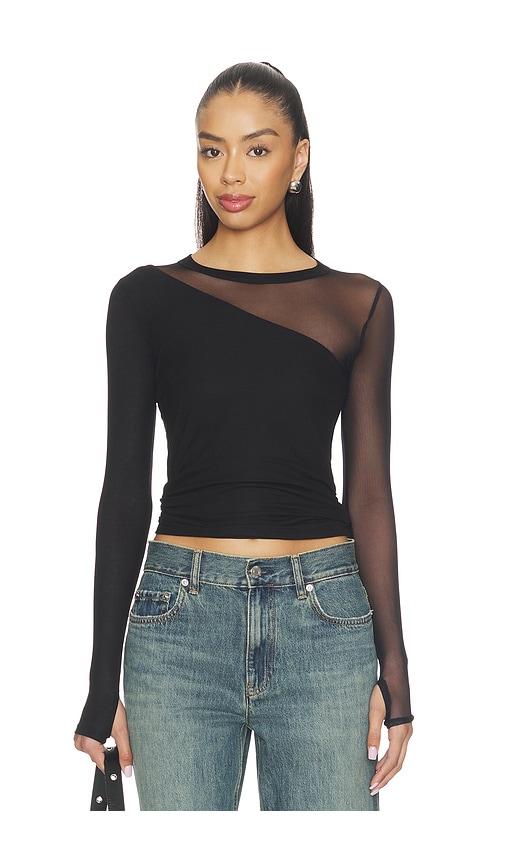 michael lauren solita long sleeve asymmetrical top in black.
