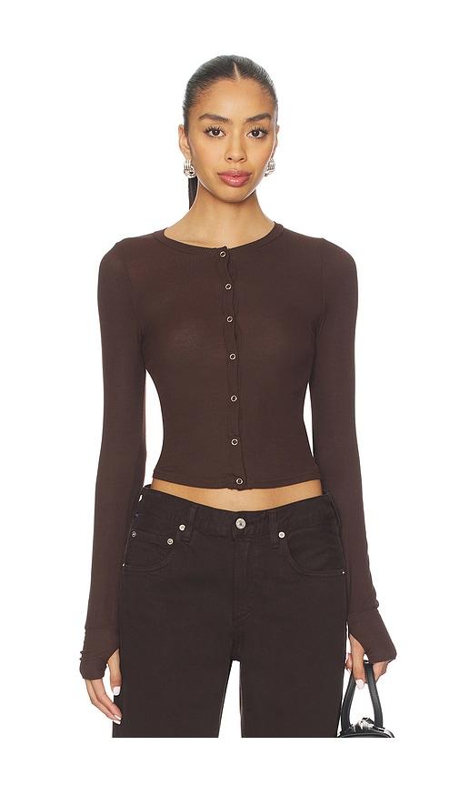 michael lauren vesca snap front tee in brown.