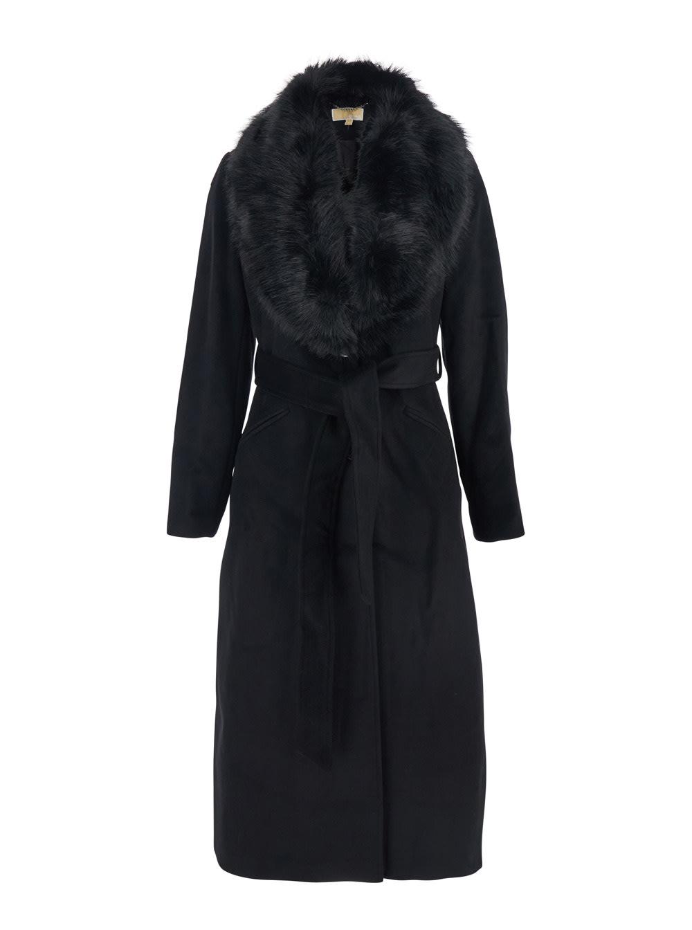 michael michael kors black coat with classic lapels with removable fur in wool blend woman