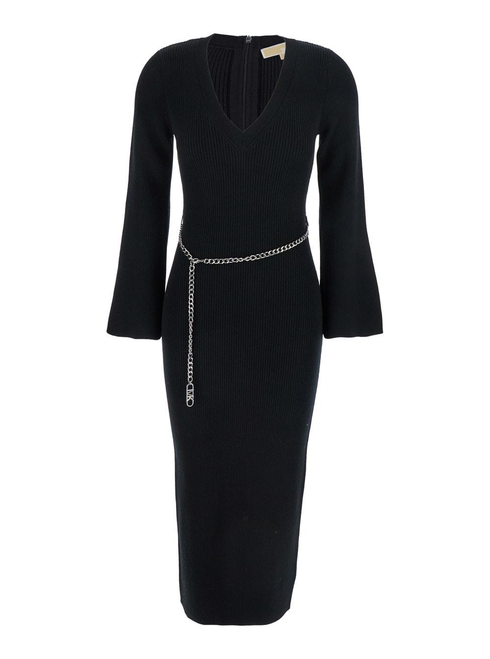 michael michael kors black dress with chain belt and logo plaque on the rear in wool blend stretch woman