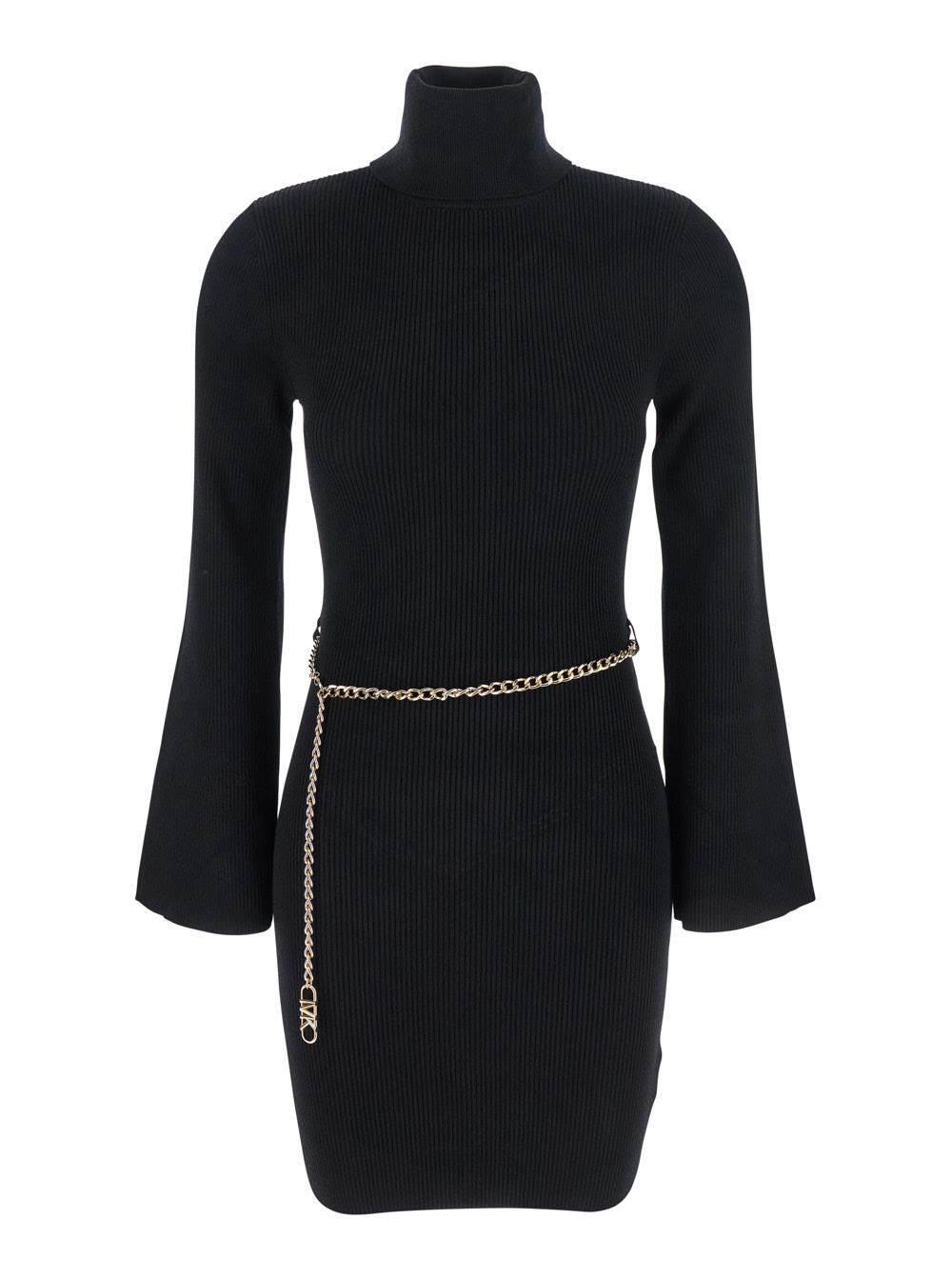 michael michael kors black mini dress with chain belt and logo plaque on the rear in viscose blend stretch woman
