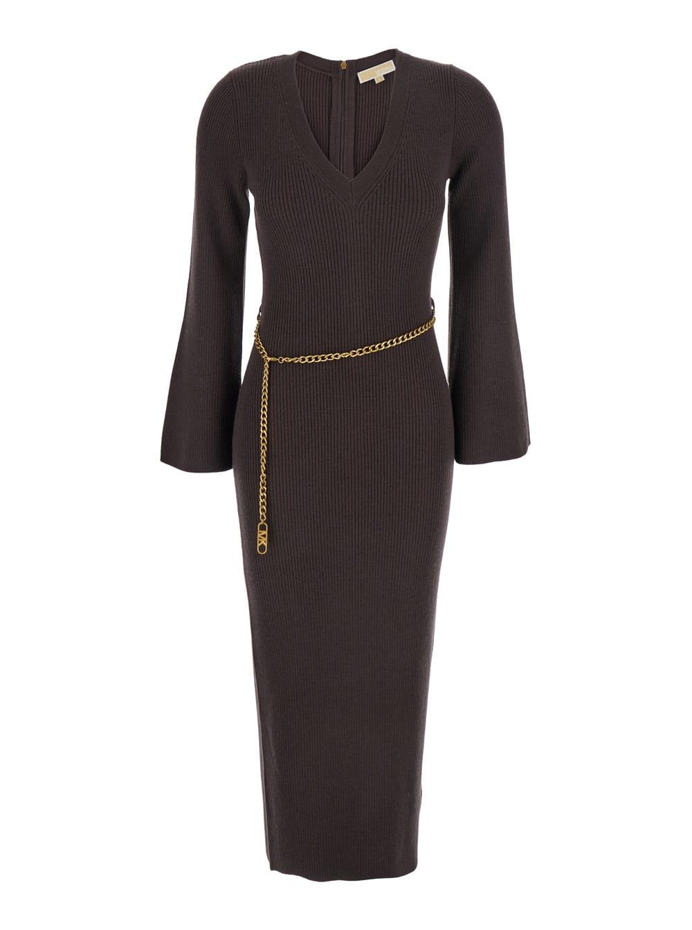 michael michael kors brown dress with chain belt and logo plaque on the rear in wool blend stretch woman