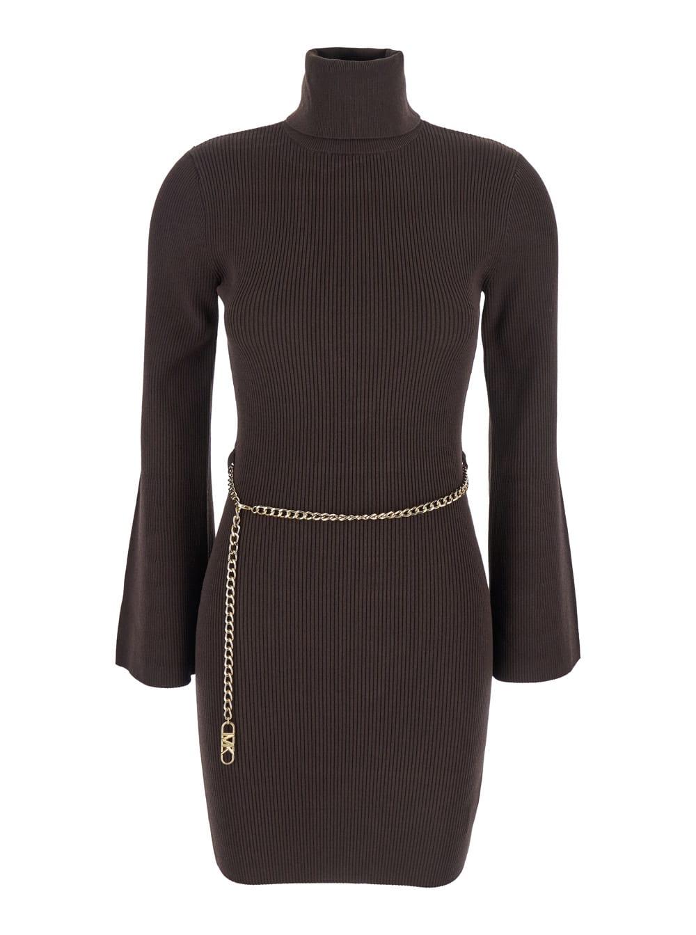 michael michael kors brown mini dress with chain belt and logo plaque on the rear in viscose blend stretch woman