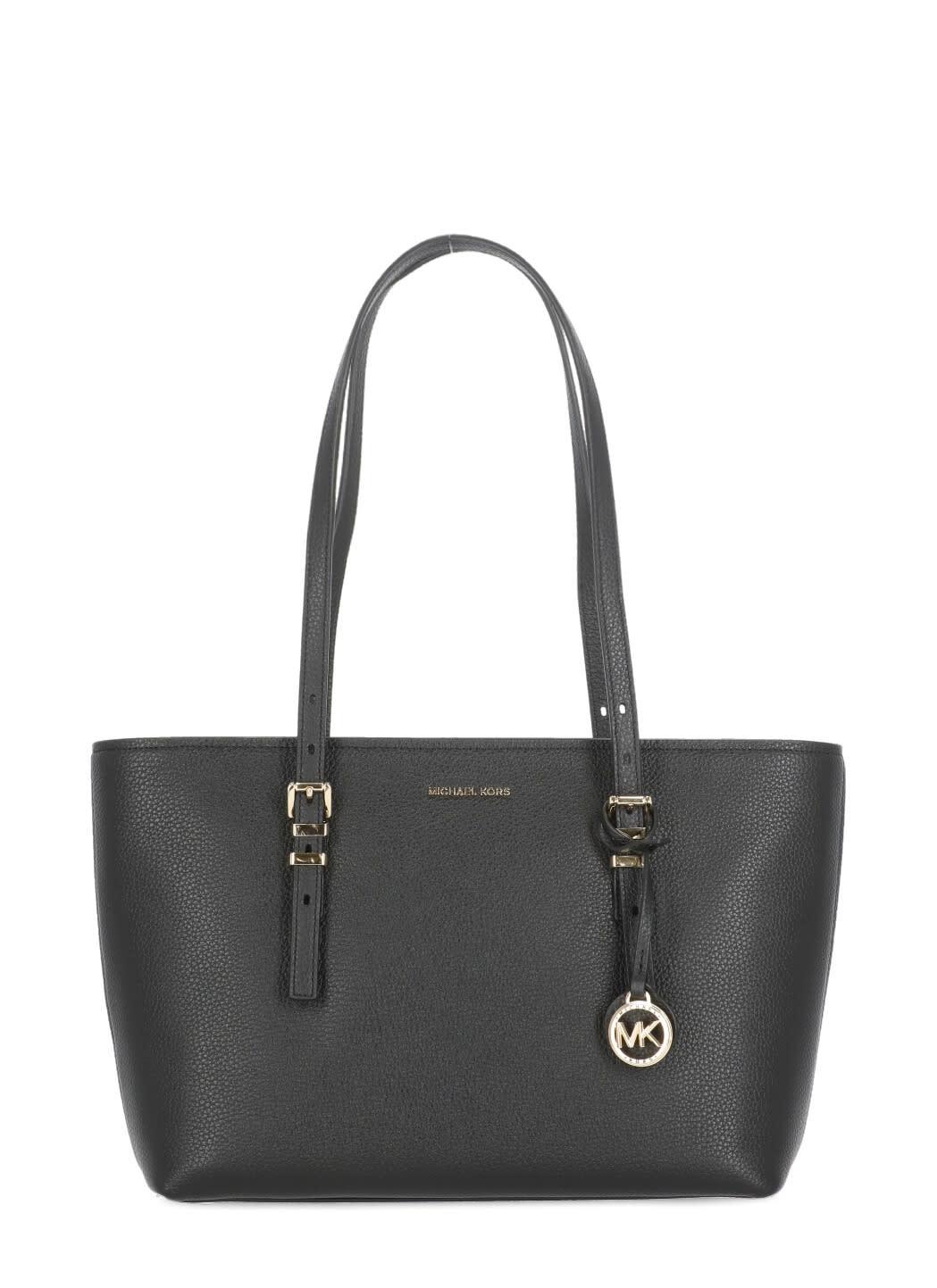 michael michael kors quinn black medium tote bag with removable logo charm and embossed logo lettering on the front in grained leather woman