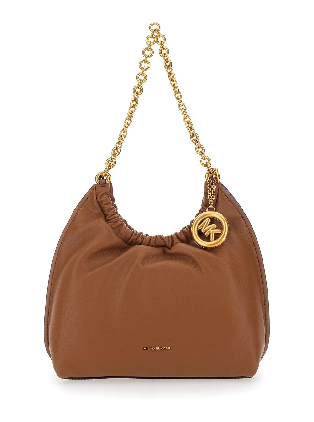 michael michael kors shoulder bag sm cinch conv shldr with logo on front in brown leather for women
