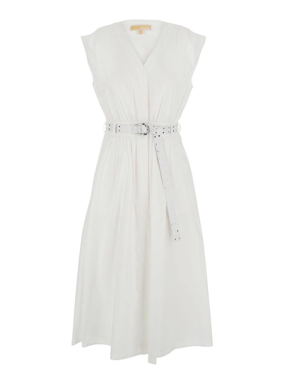 michael michael kors white sleeveless long dress with v neck and adjustable belt in cotton stretch woman