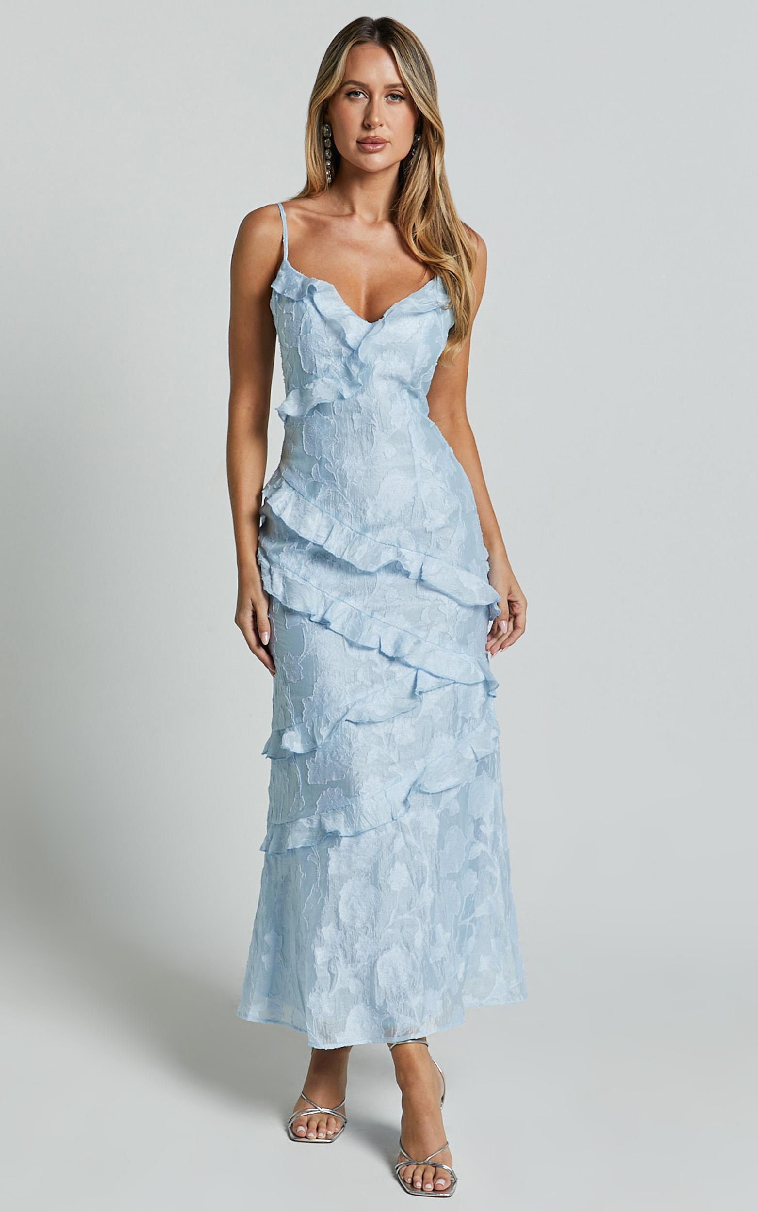 michaela midi dress - jacquard ruffle detail tiered dress in light blue
