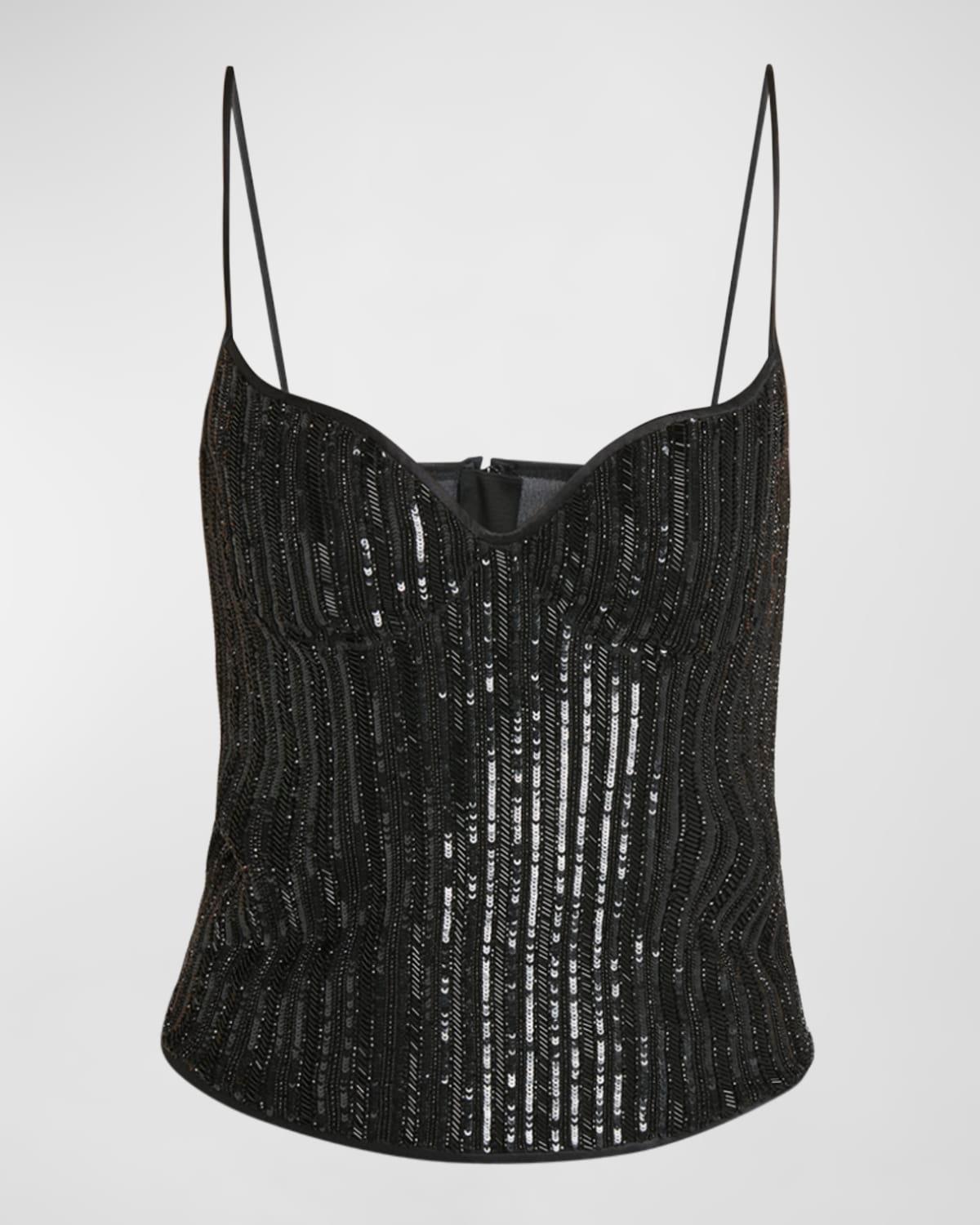 micro baguette and sequin bustier top