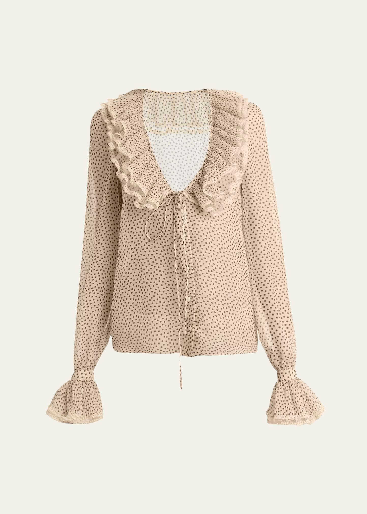 micro polka dot ruffle chiffon blouse