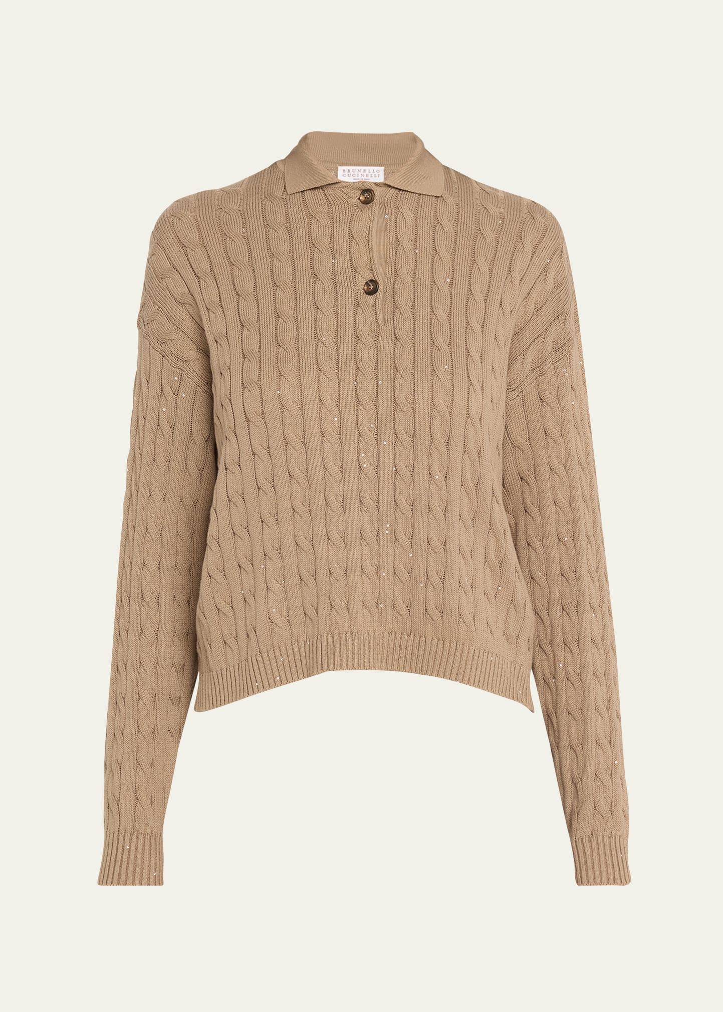 micro sequined double cable-knit polo sweater