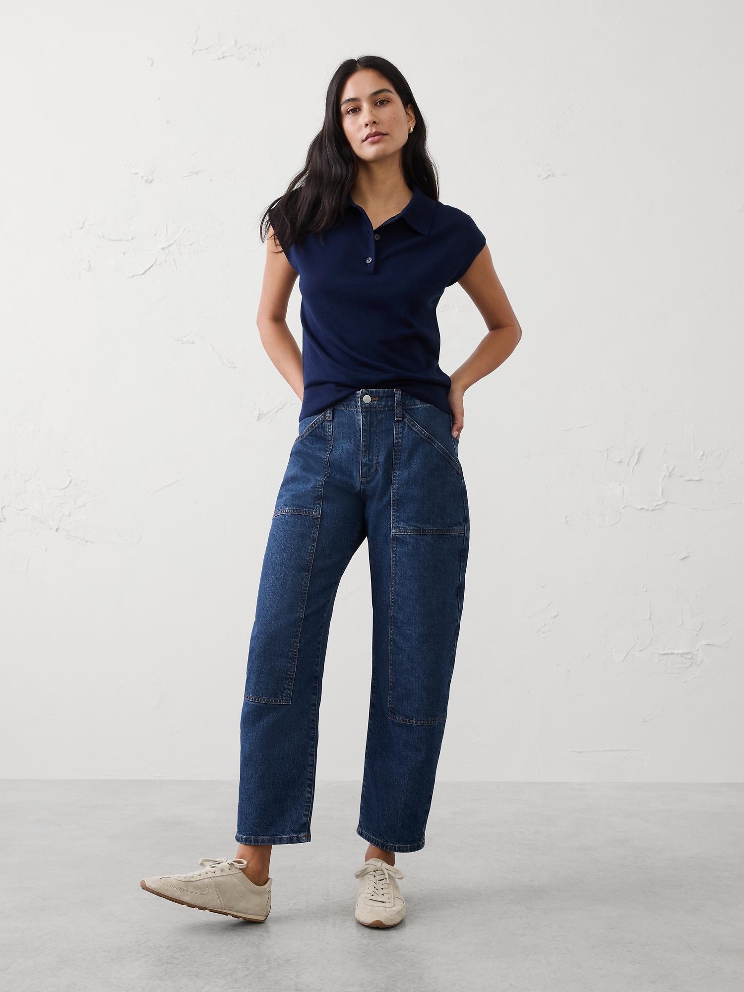 mid-rise barrel-leg utility jean