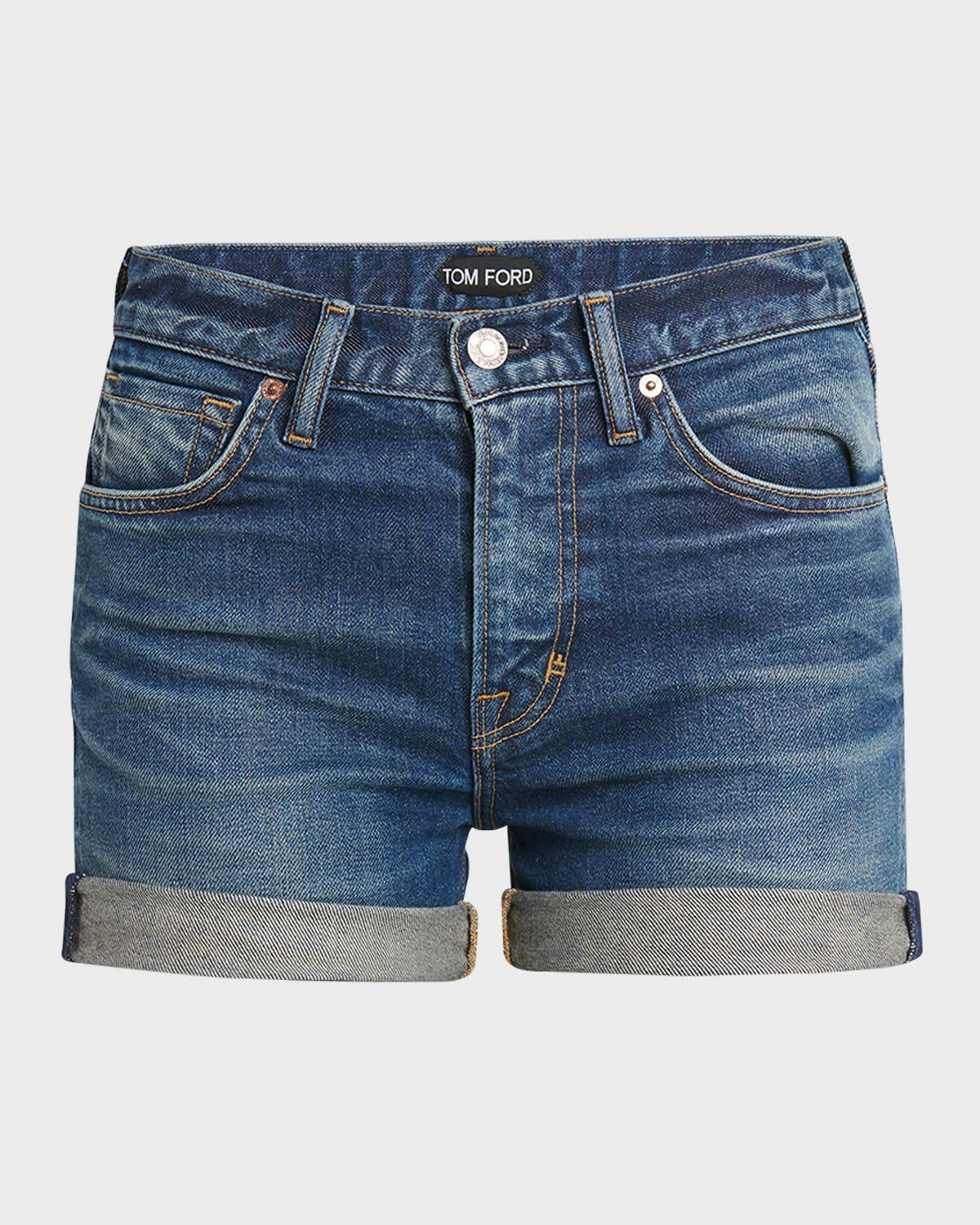 mid-rise comfort stone-washed denim shorts