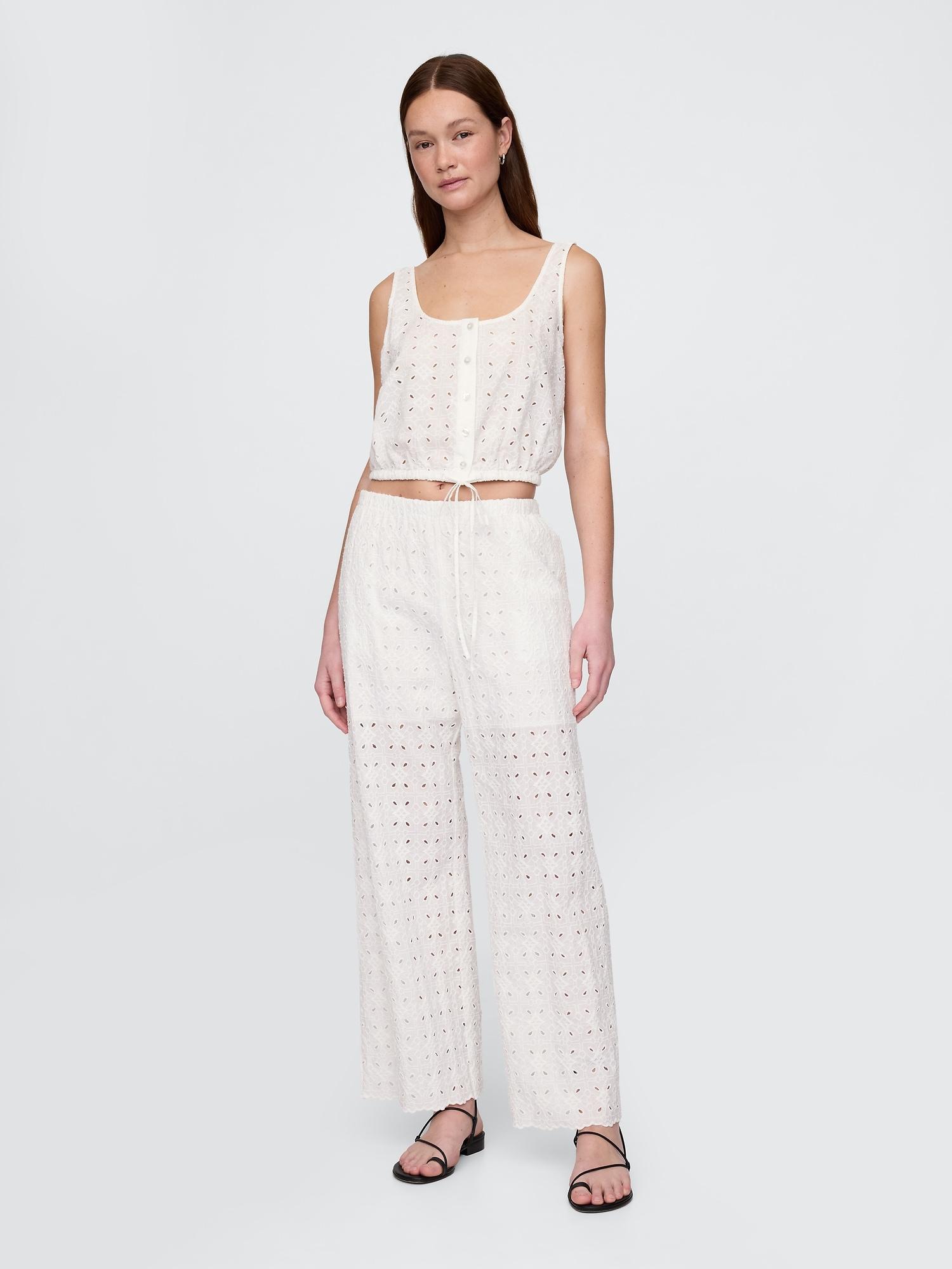 mid rise eyelet easy wide-leg pants