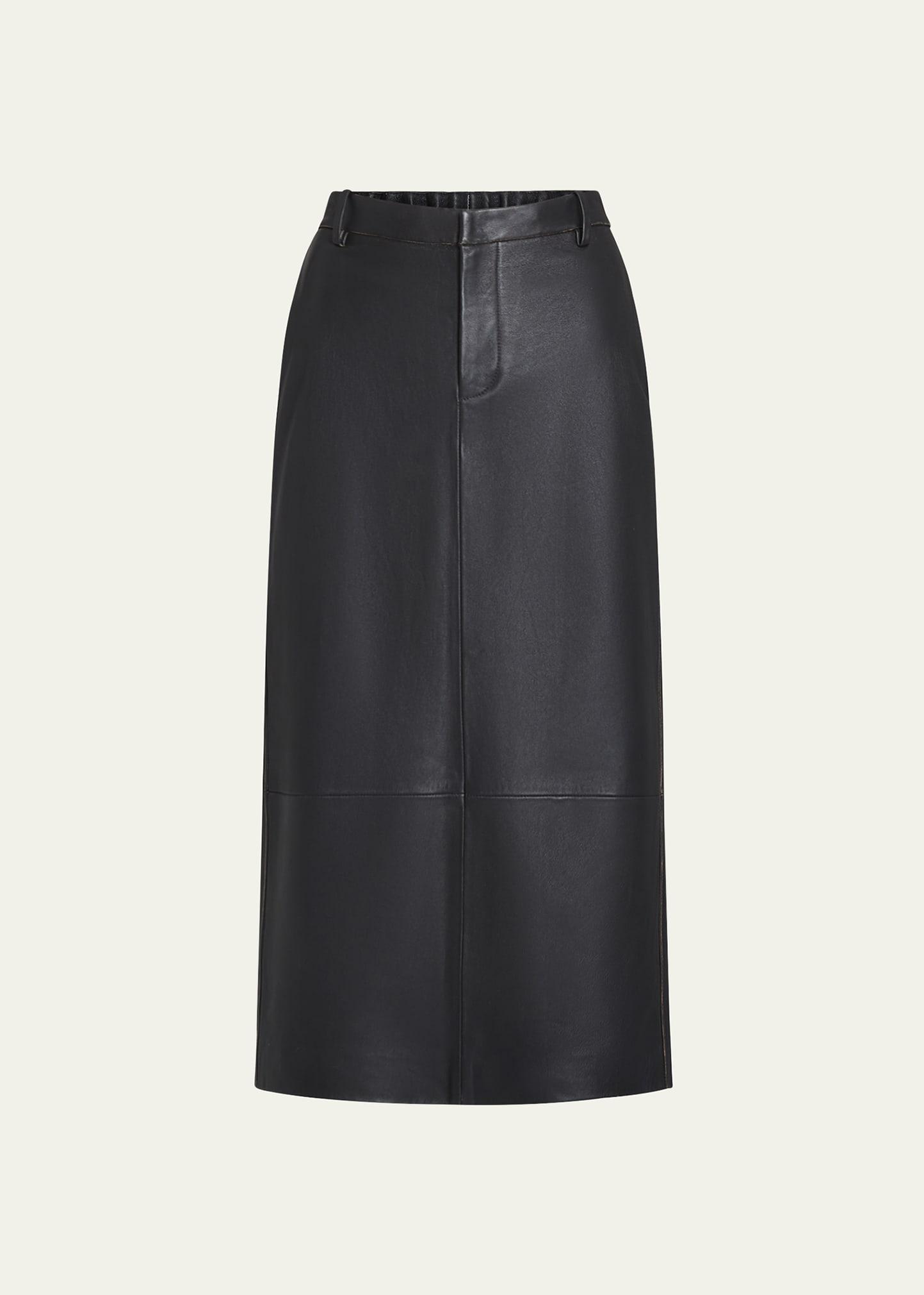 mid-rise flared leather midi skirt