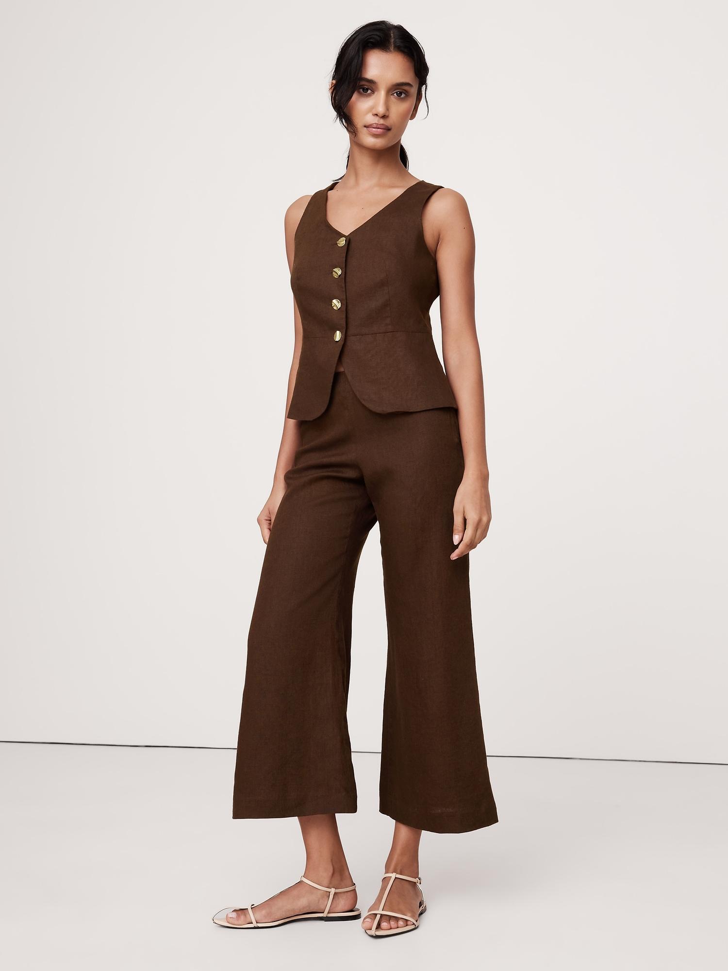 mid-rise kick-flare lace-trim linen ankle pant