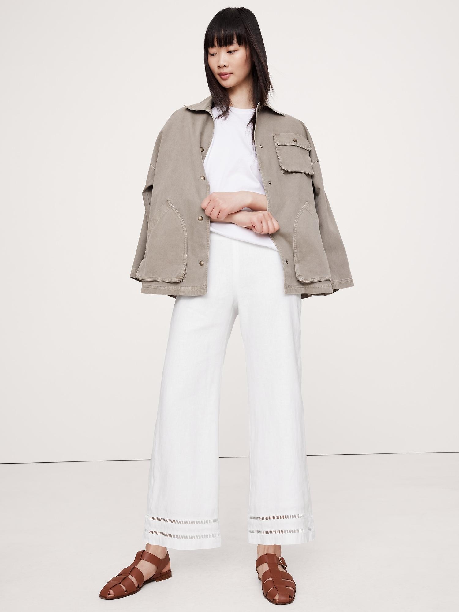 mid-rise kick-flare lace-trim linen ankle pant