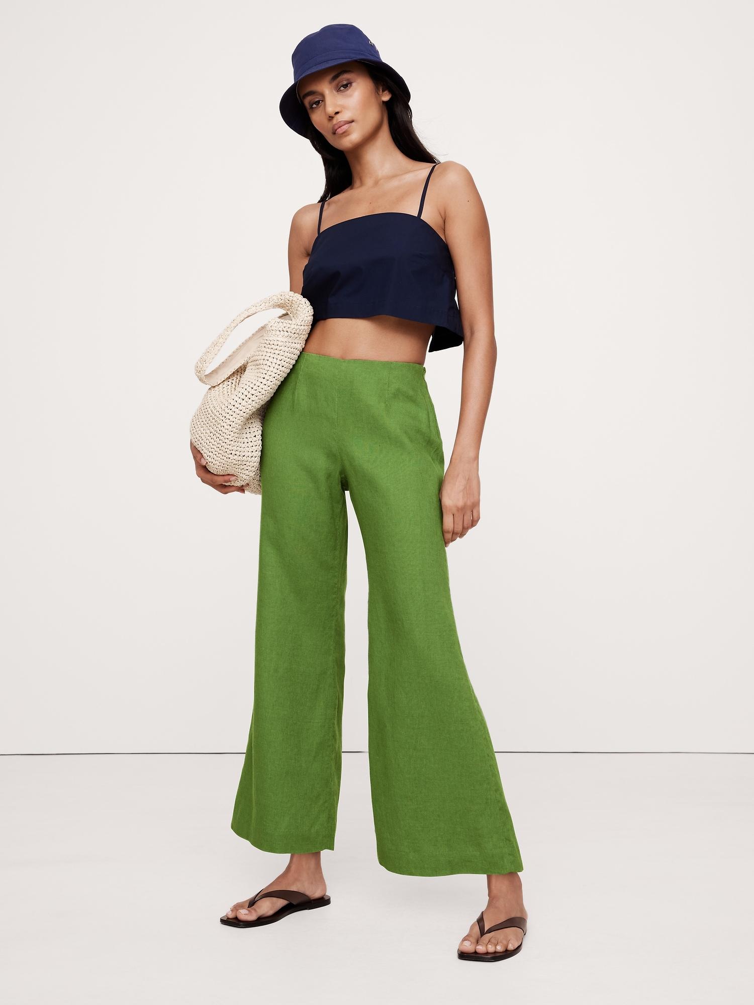 mid-rise kick-flare lace-trim linen ankle pant