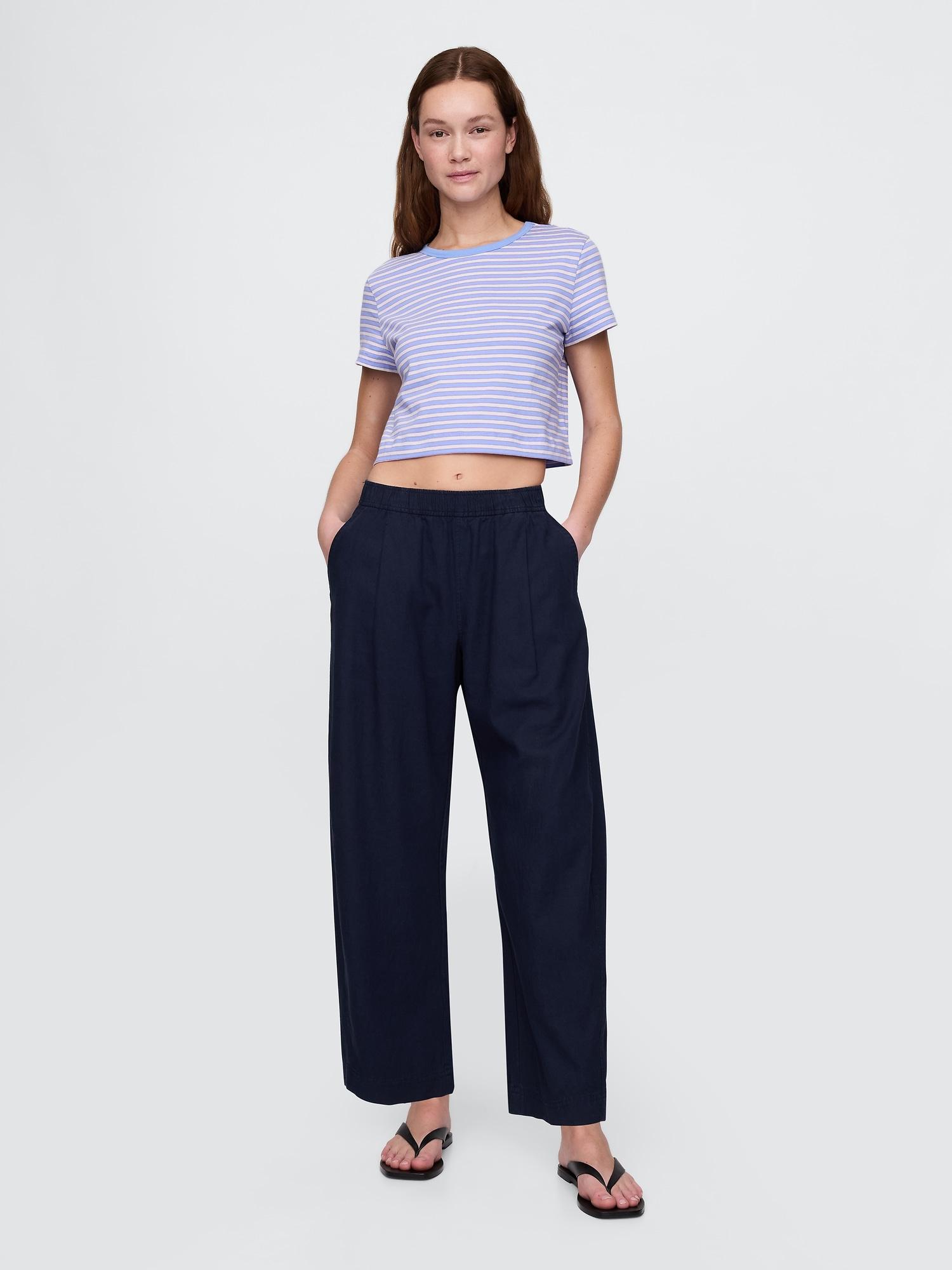 mid rise linen-blend easy barrel pants