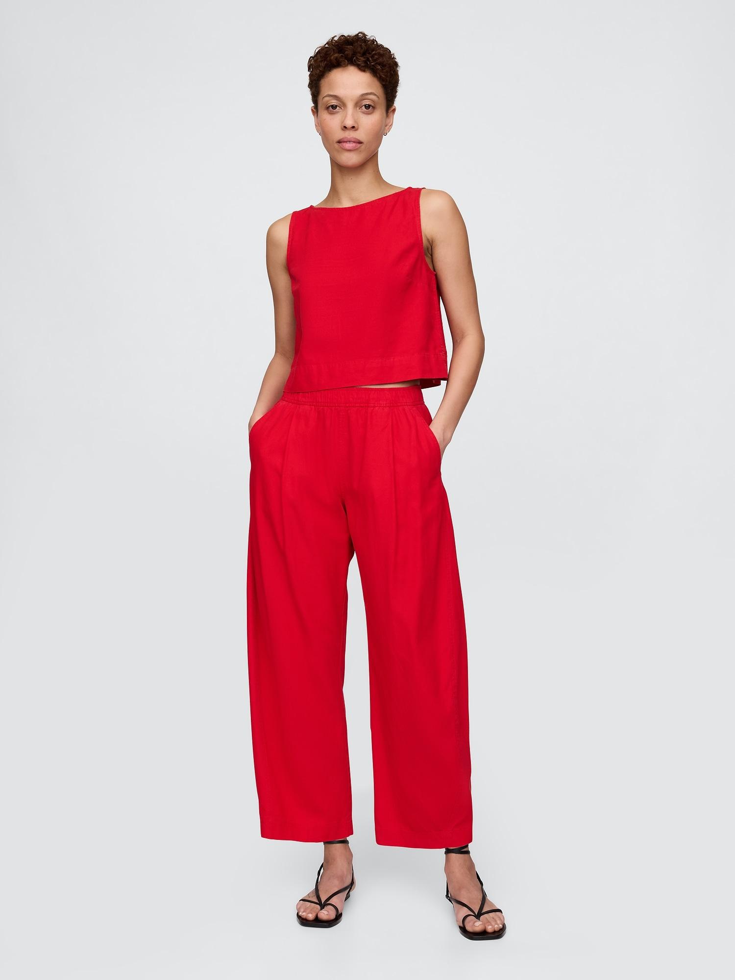 mid rise linen-blend easy barrel pants