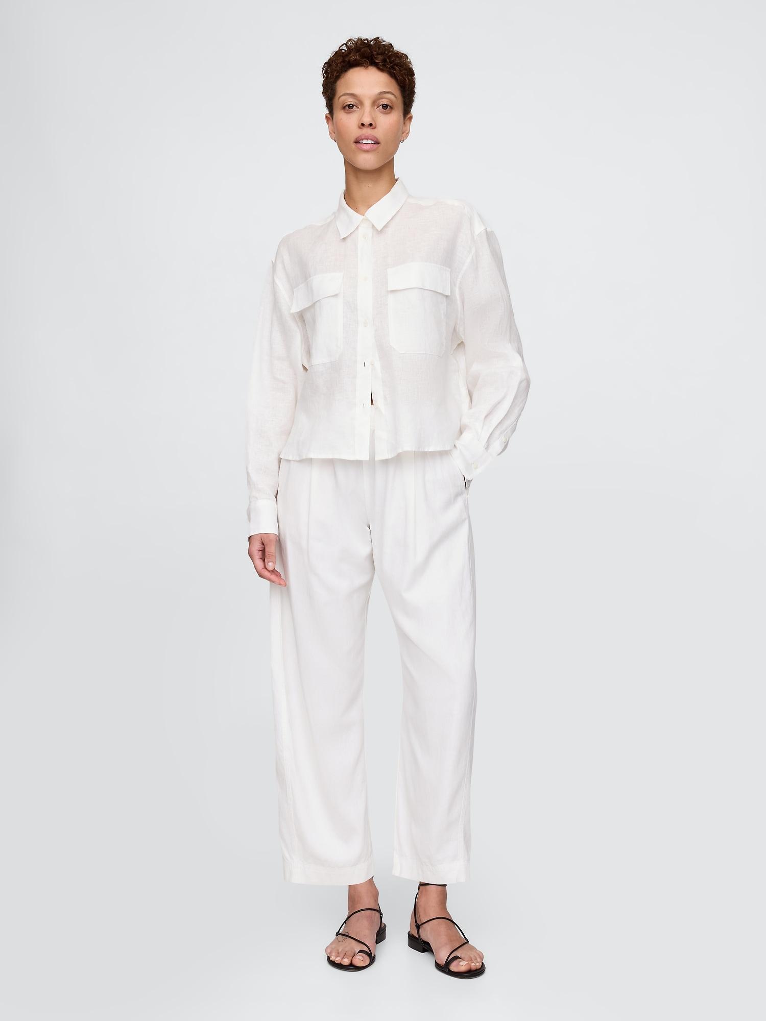 mid rise linen-blend easy barrel pants