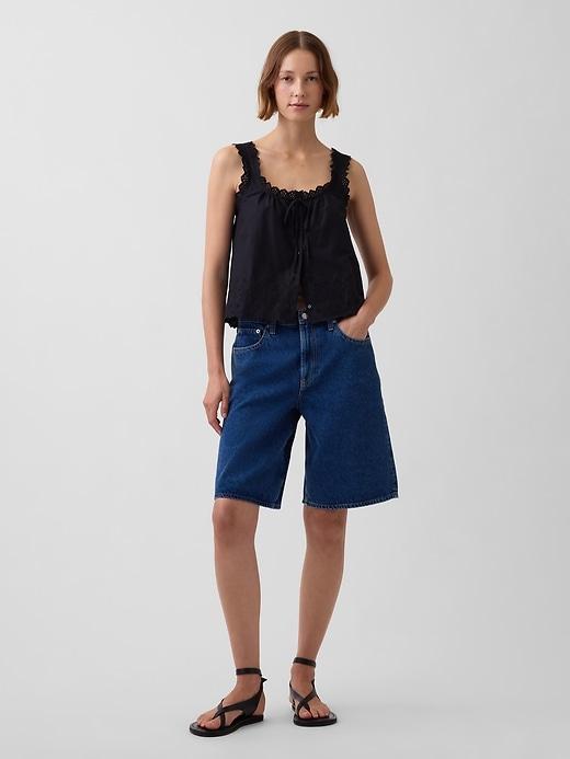mid rise longline denim shorts