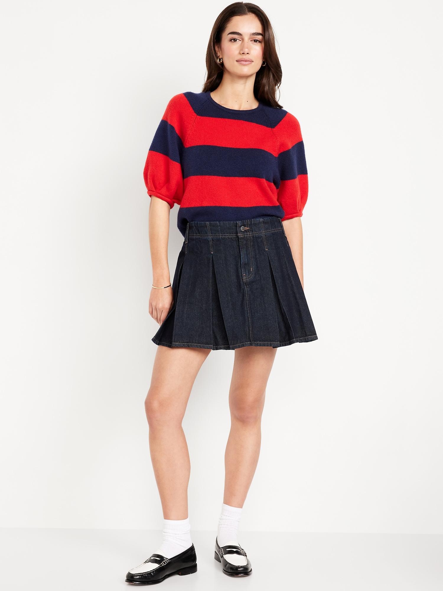 mid-rise pleated jean mini skirt