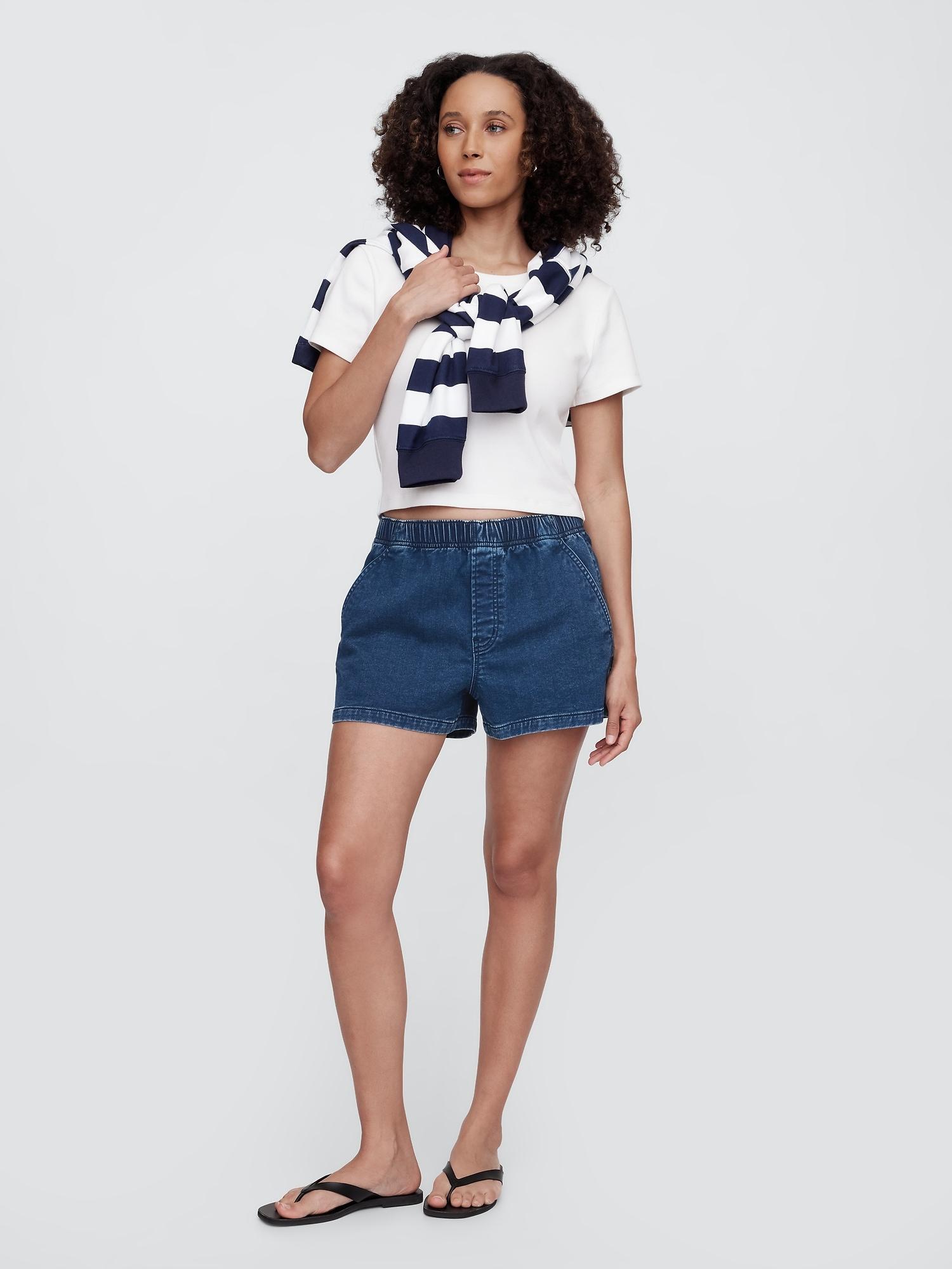 mid rise pull-on sweatpant jean shorts