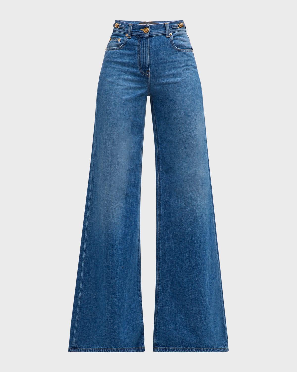 mid-rise stone wash denim wide-leg pants