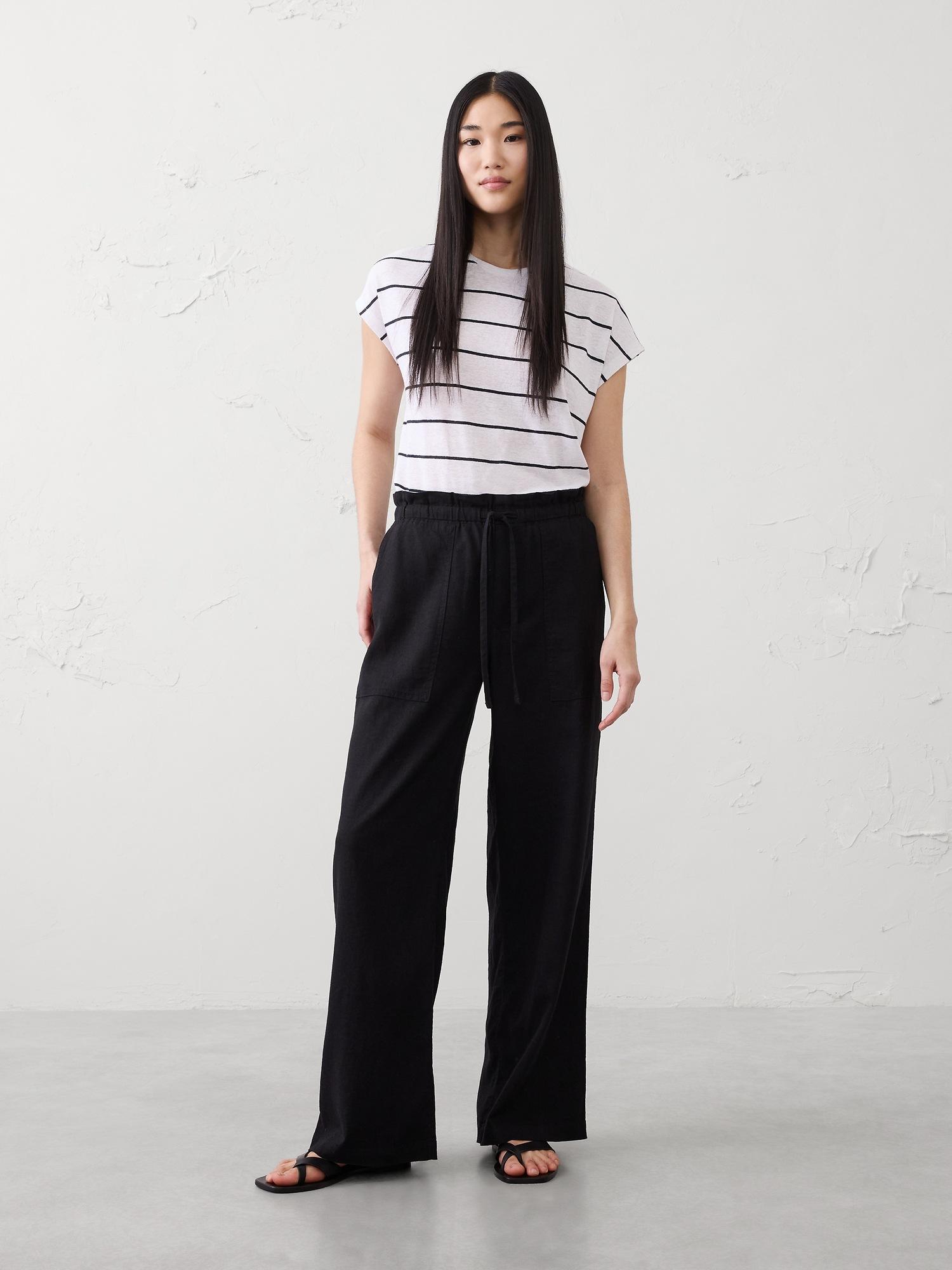 mid-rise straight linen-blend pull-on pant