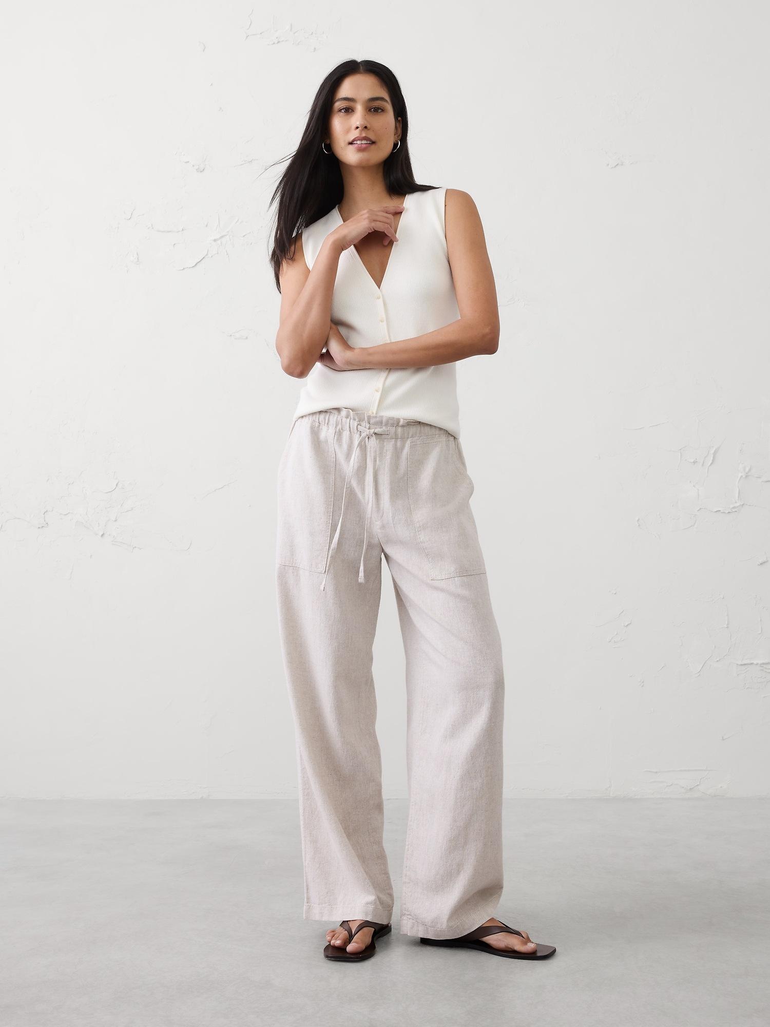 mid-rise straight linen-blend pull-on pant