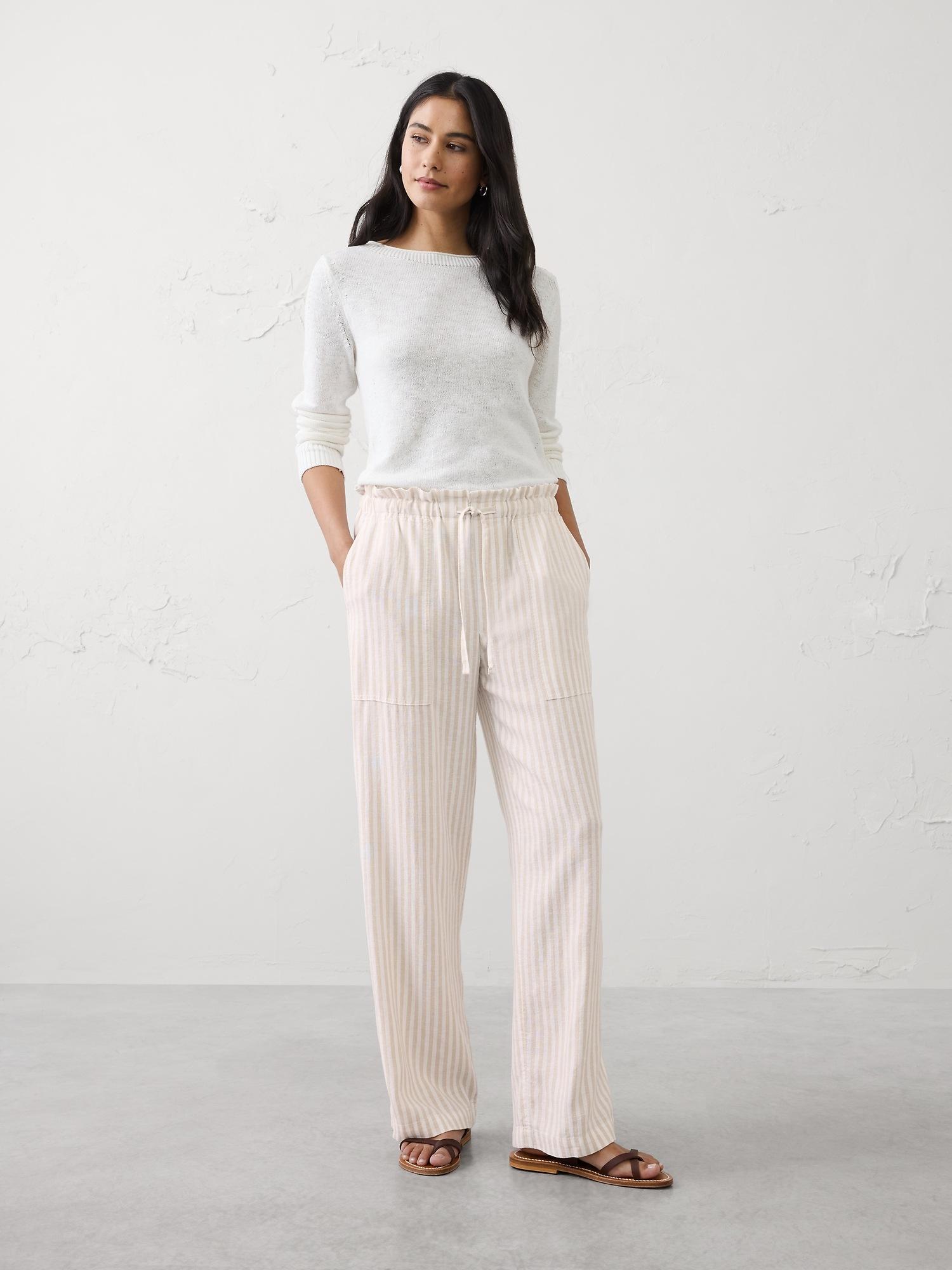 mid-rise straight linen-blend pull-on pant