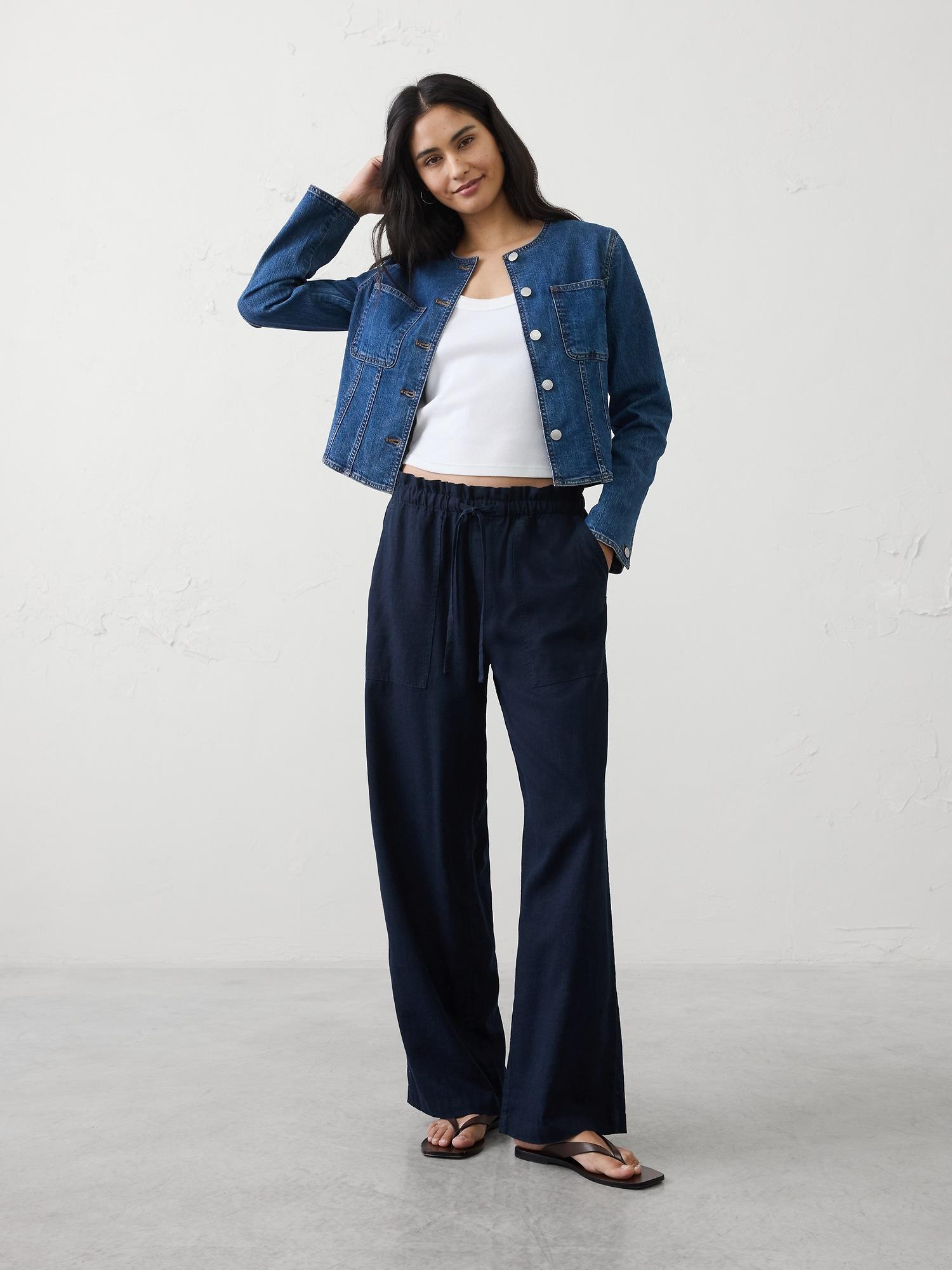 mid-rise straight linen-blend pull-on pant