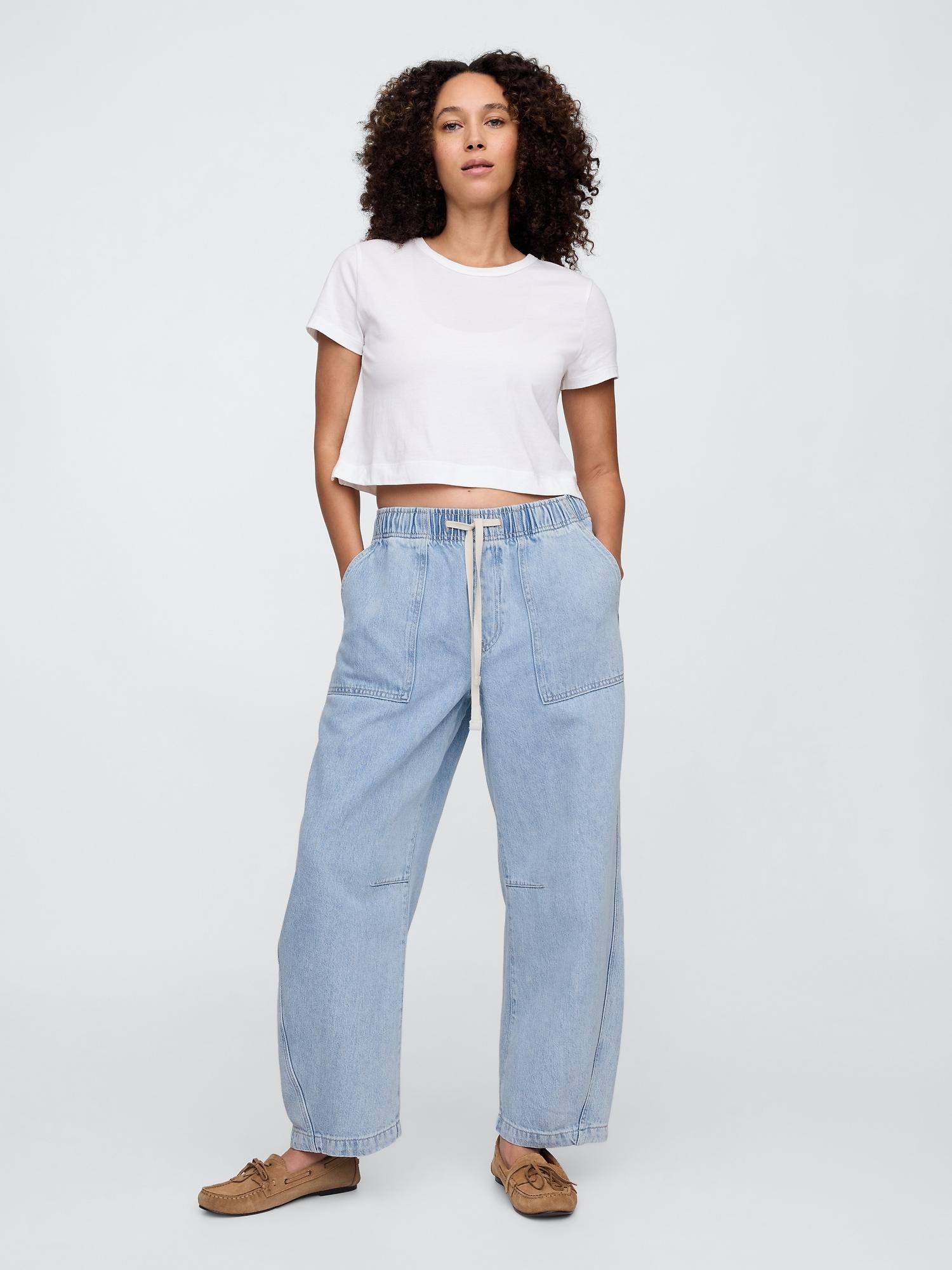 mid rise supersoft pull-on barrel jeans