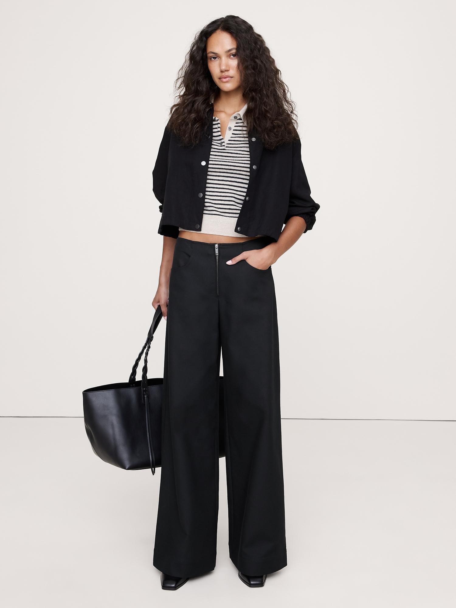 mid-rise wide leg zip-front pant