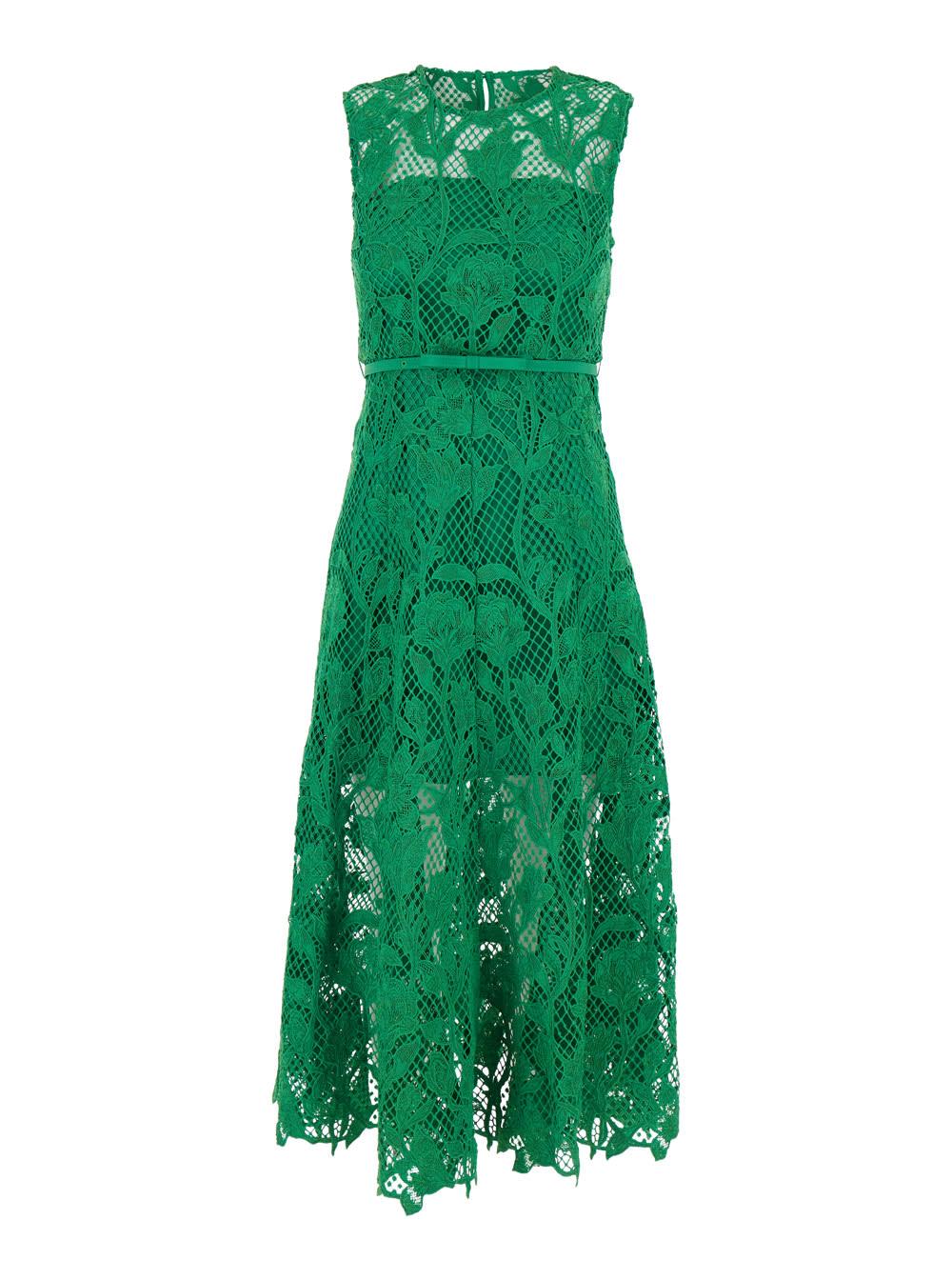 midi green dress with all-over embroideries in lace woman