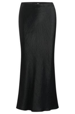 midi-length skirt in crinkled satin-touch fabric- black women's a-line skirts