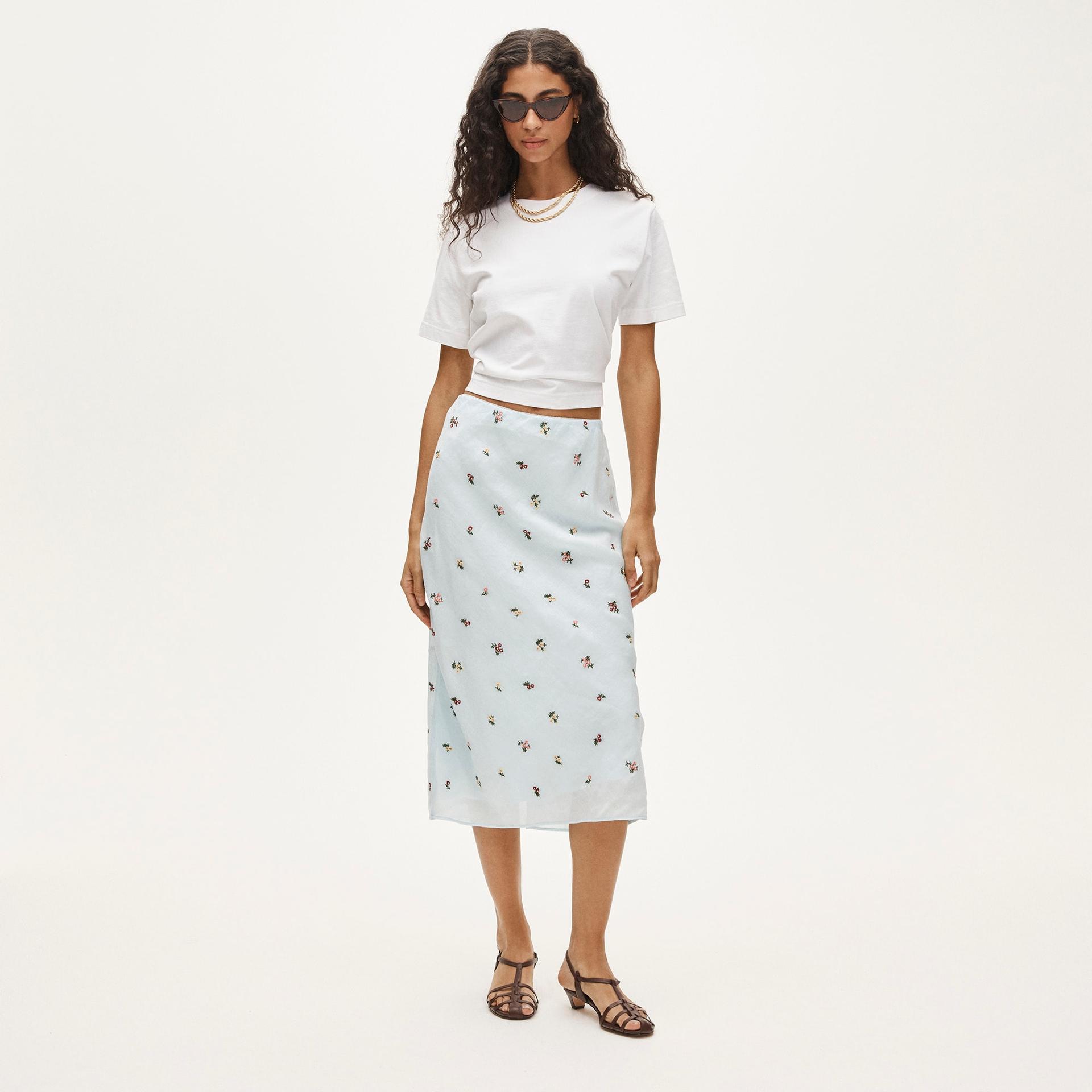 midi slip skirt in embroidered ramie