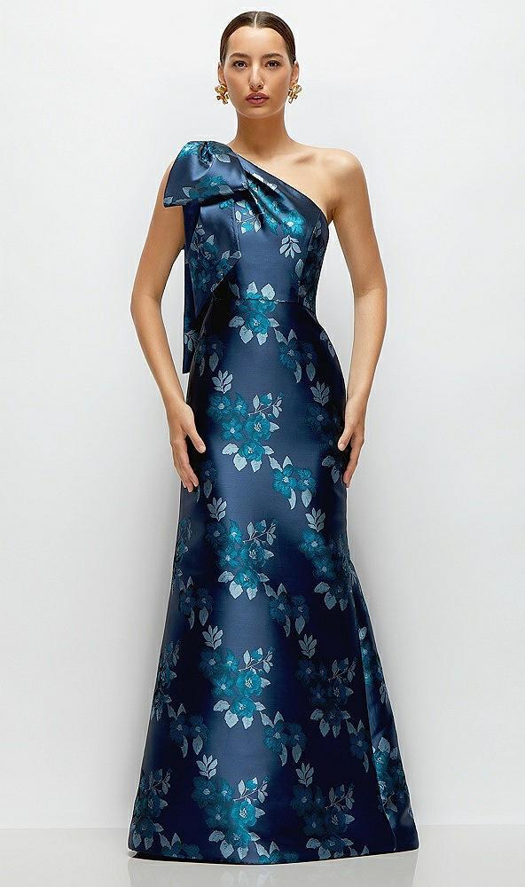 midnight navy bow one-shoulder baroque rose damask maxi dress with trumpet skirt