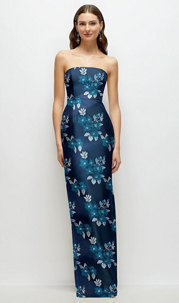 midnight navy strapless baroque rose damask column dress with back slit