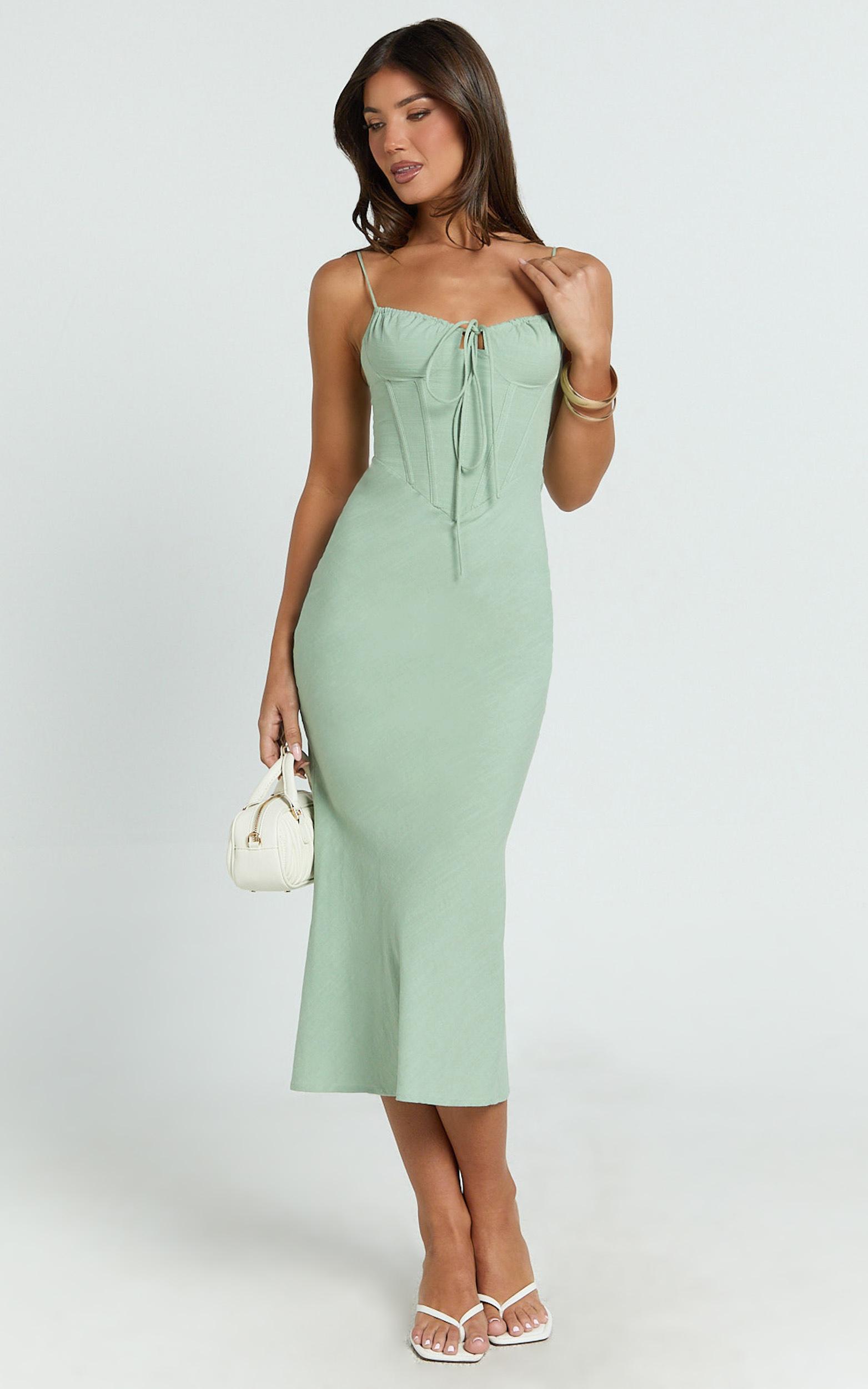 mikayla midi dress - linen scoop neck ruched bust corset waist bias skirt dress in sage
