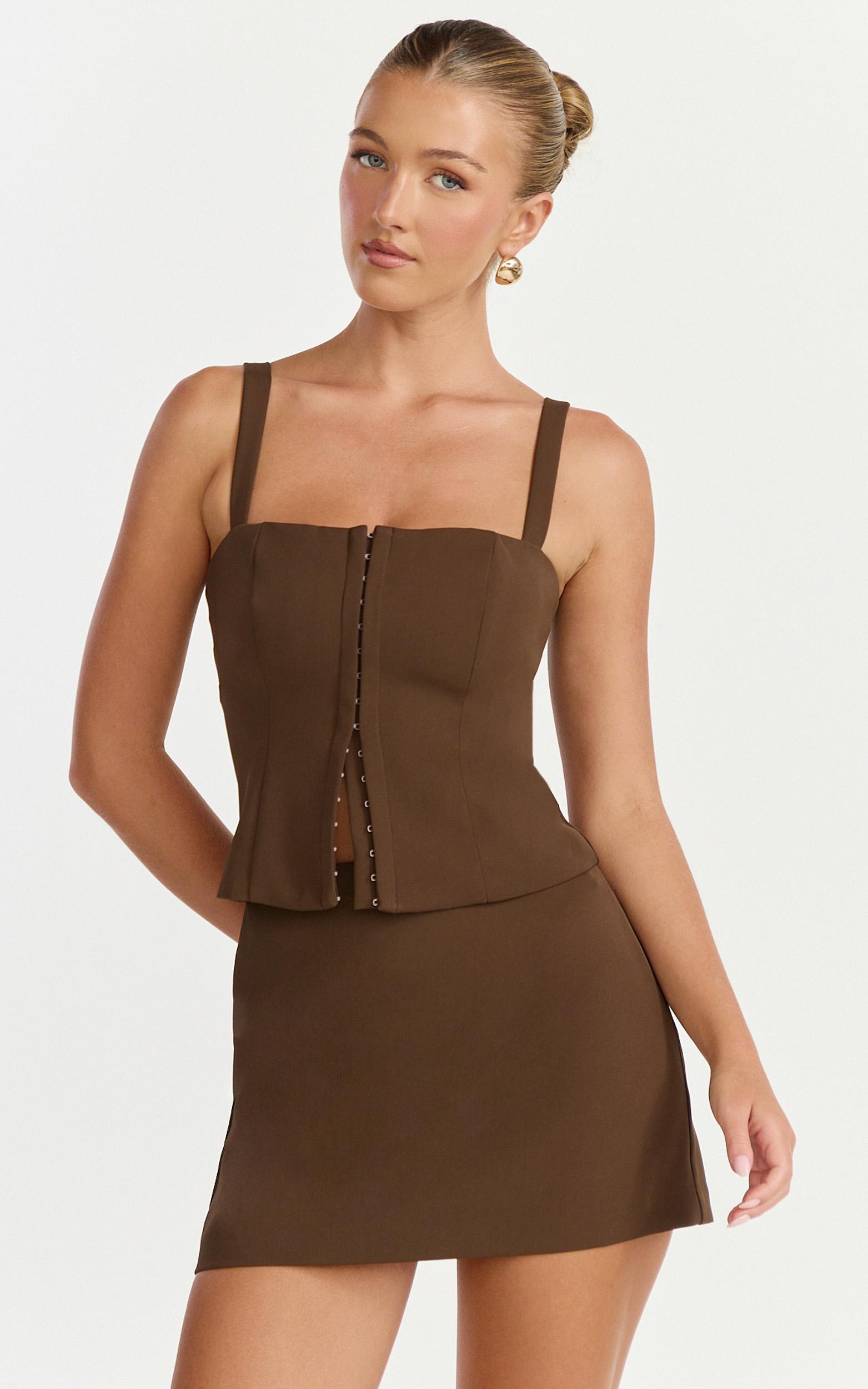 mikey top - straight neck hook and eye corset top in chocolate
