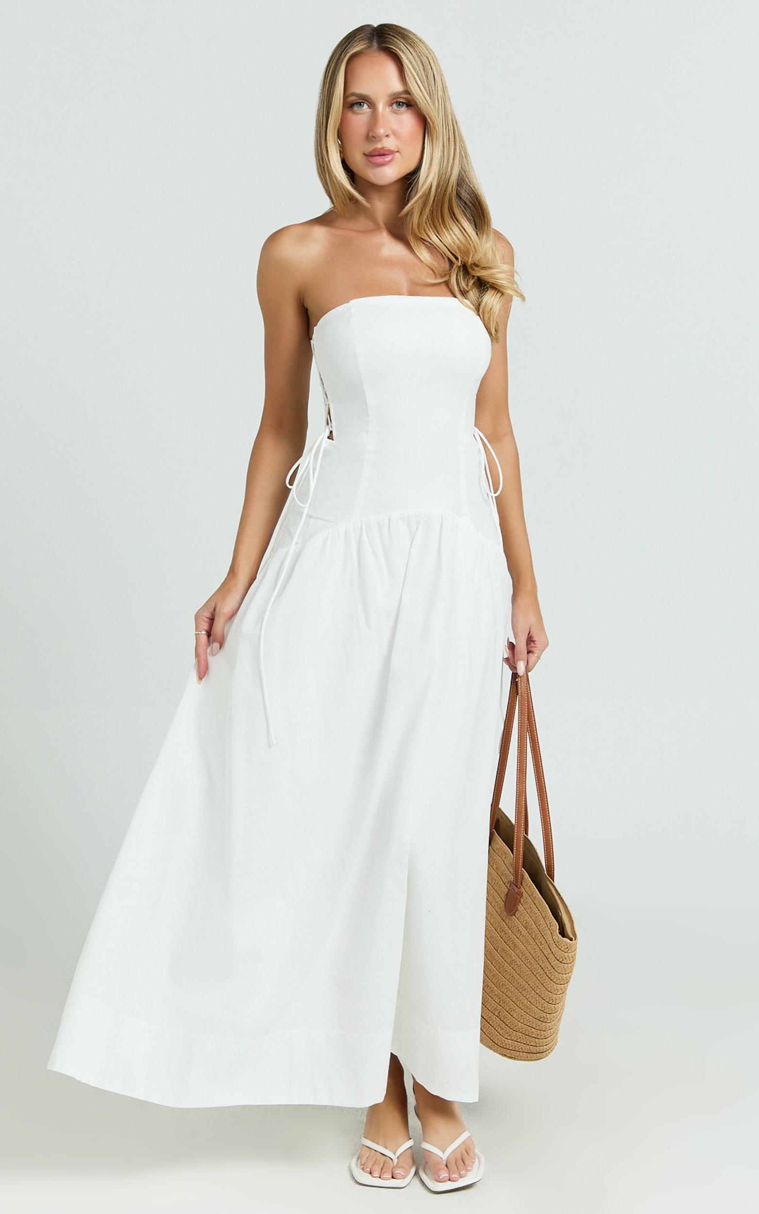 mikkie midi dress - strapless drop waist side detailing dress in white