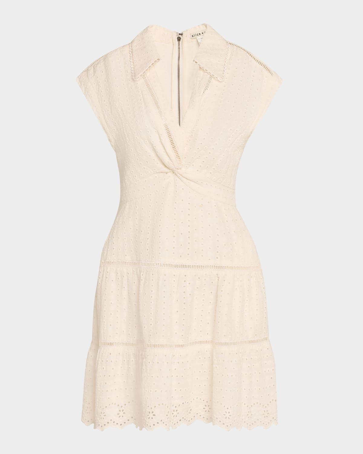mila eyelet deep v twist-front mini dress