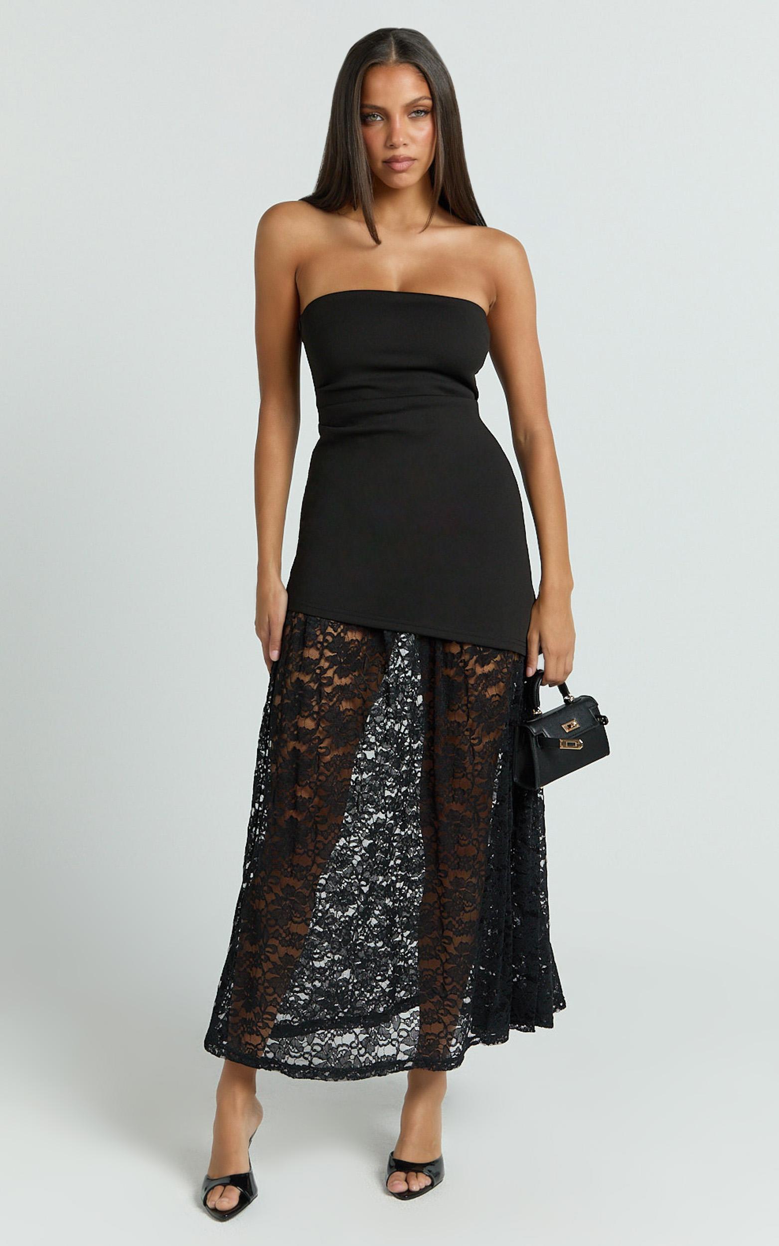 mila midi dress - strapless dropped waist dress in black